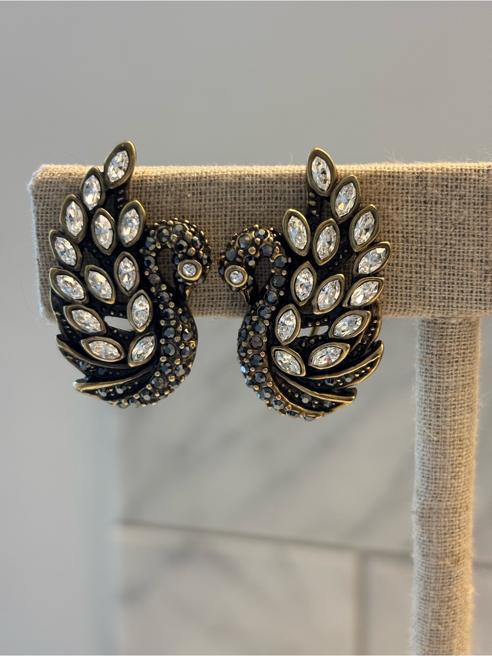 Heidi Daus Black and Gold Crystal Swan Earrings